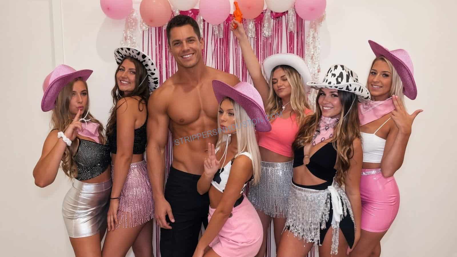 Bachelorette party group posing with a male stripper in Houston