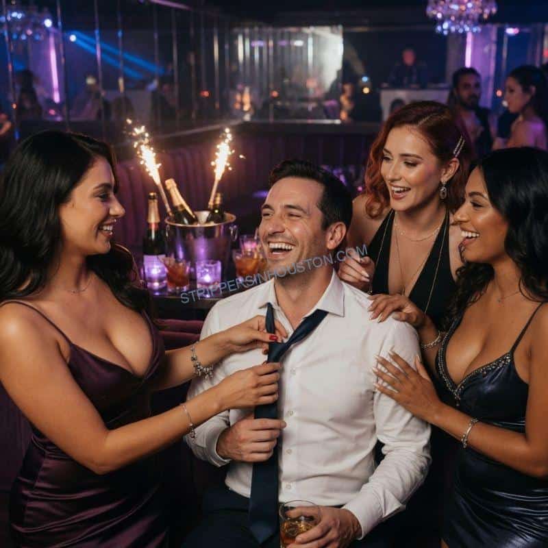 Groom surrounded by exotic dancers at a Houston bachelor party