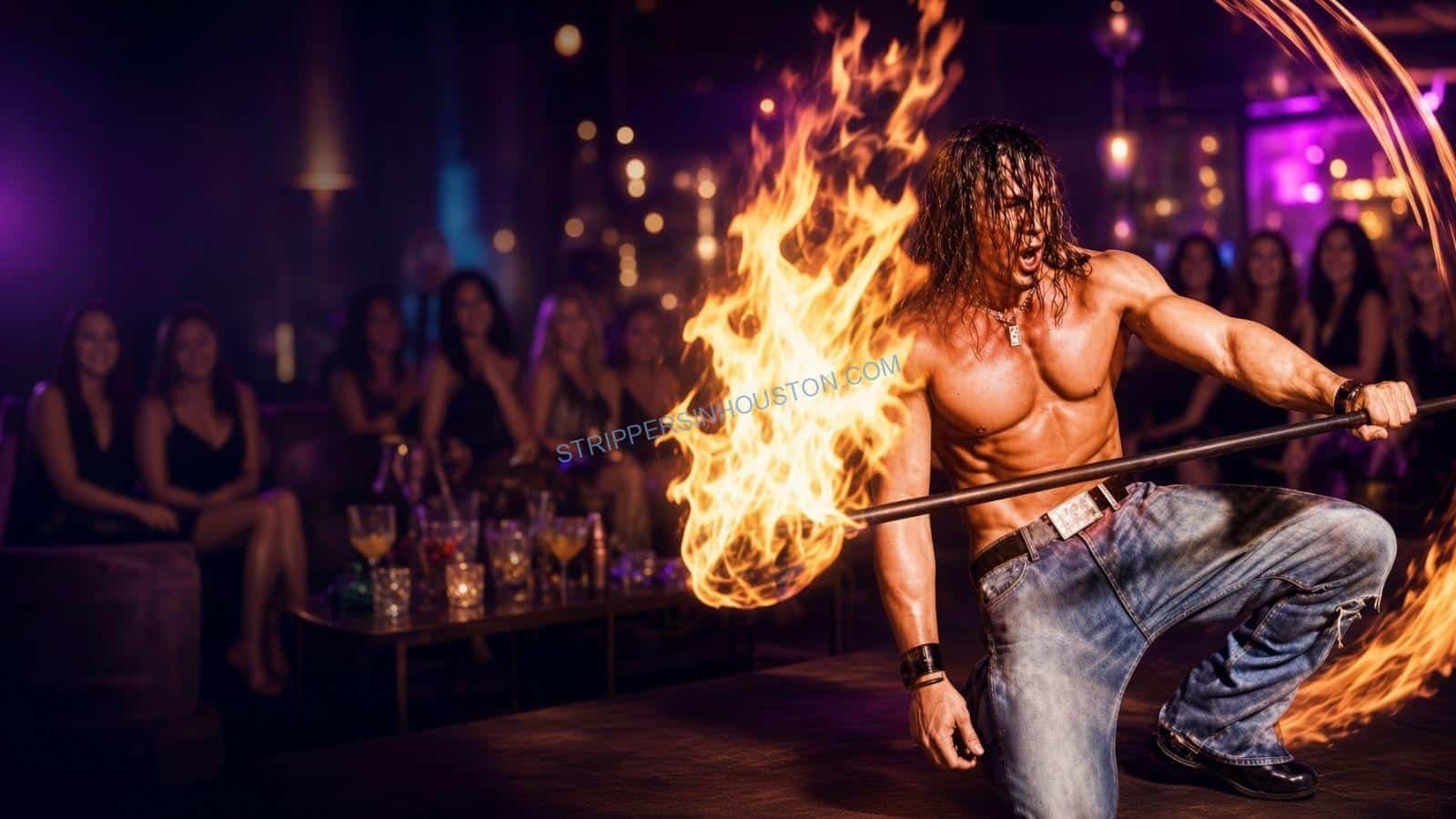 Male stripper performing a fire show at a Houston bachelorette party