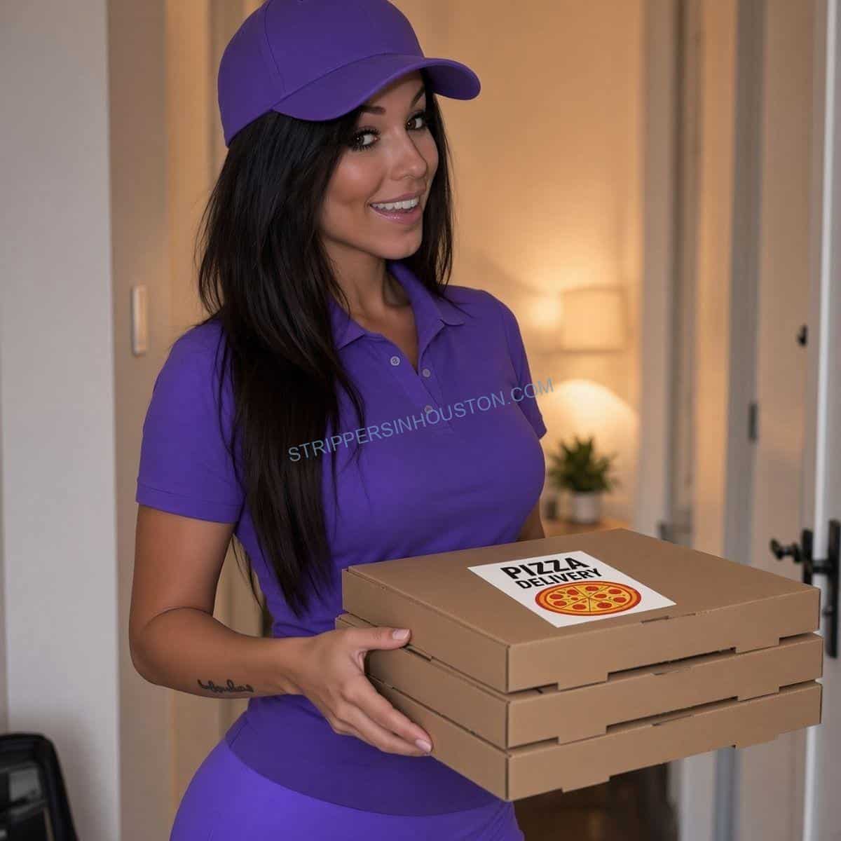 Strippergram in pizza delivery costume before the reveal in Houston